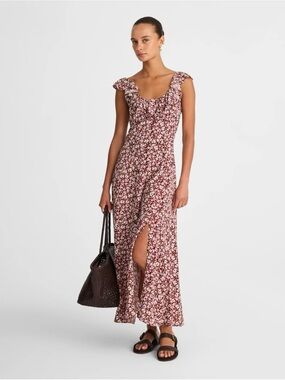 Madewell Floral Ruffled Shoulder Scoopneck Maxi Dress in Burgundy Size 2 (NWT)